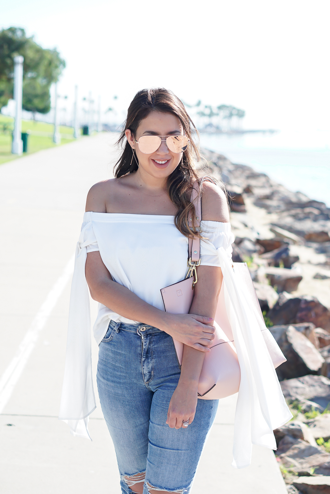 L.A. Finds, Long Beach Shoreline Aquatic Park, True Honest Fashion, Nasty Gal White Off the Shoulder Top, H&M High Waisted Jeans, Zara Beige Block Heel, Chanel Inspired Slingback heels, Calvin Klein Blush Pink Bag, Quay x Desi Perkins High Key Gold Sunglasses, 