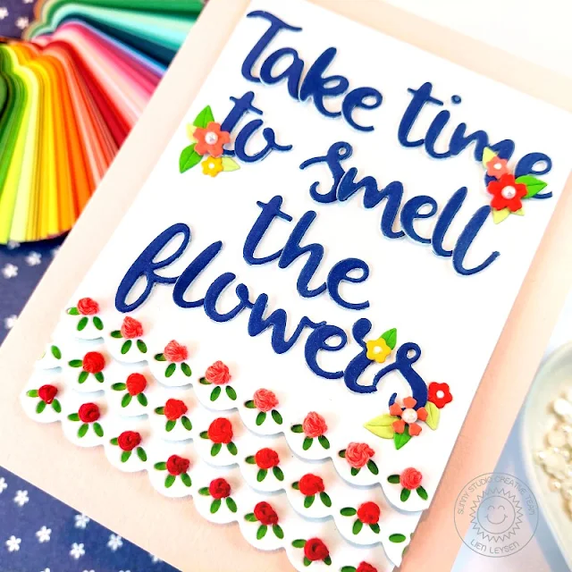 Sunny Studio "Take Time To Smell The Flowers" Card by Lien Leysen (using Hayley Alphabet and Slimline Ribbon & Lace Borders Dies)