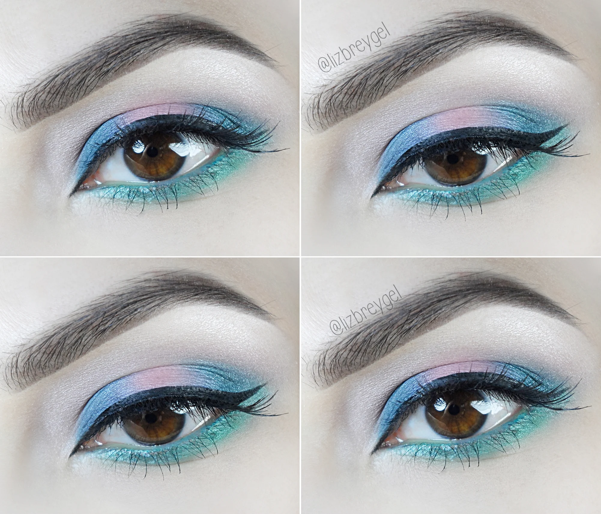 a step-by-step pictorial that shows how to do a blue, pink and green eye makeup inspired by alexandrite stone