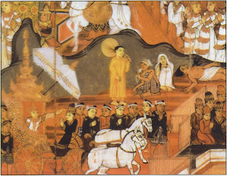 Prince Siddhartha goes forth in his chariot (left) and is made aware of the pain and unhappiness suffered by most of humanity. When he achieves enlightenment Buddha’s face bears the serenity of utter detachment, while the forces of evil fall in disarray and men and animals look on in wonder. The leaves of the Bo-tree form a garland above Buddha. Gandhara style reliefs, second century, A.D. Victoria and Albert Museum, London. Freer Gallery of Art, Washington D.C.