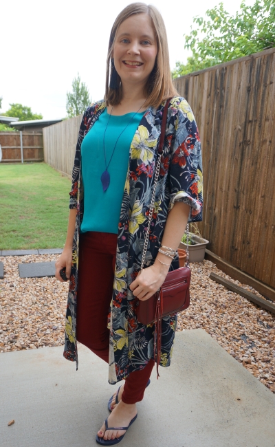 Jeanswest Melanie floral kimono with Vickie turquoise tank and russet skinny jeans regan cross body bag | awayfromblue