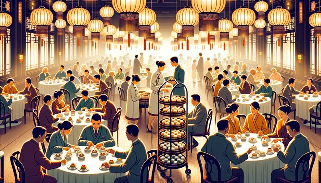 Illustration of a bustling dim sum restaurant under soft evening lighting. Diverse groups of men and women from different ethnic backgrounds dine at ornate tables. Servers of various genders weave through with carts filled with delicious dim sum morsels. The scene is alive with the golden glow of hanging lanterns, adding to the cozy atmosphere.