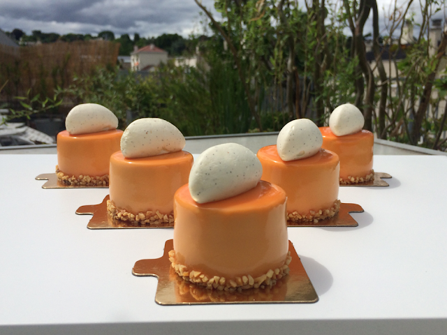 Entremets pain de gênes compotée d’abricot crémeux caramel et mousse abricot