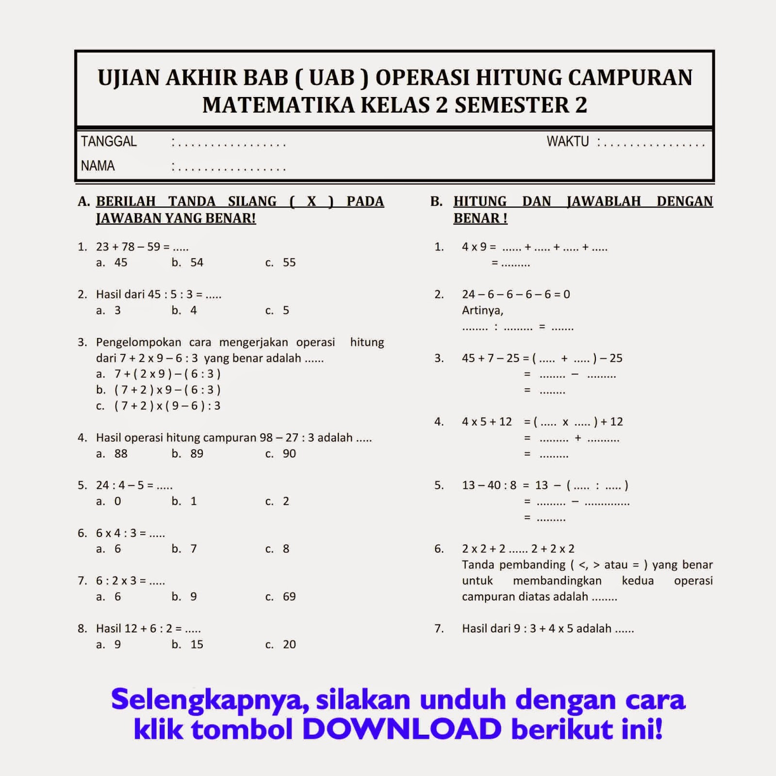 Download Ujian Akhir Bab Matematika Kelas 2 Semester 2