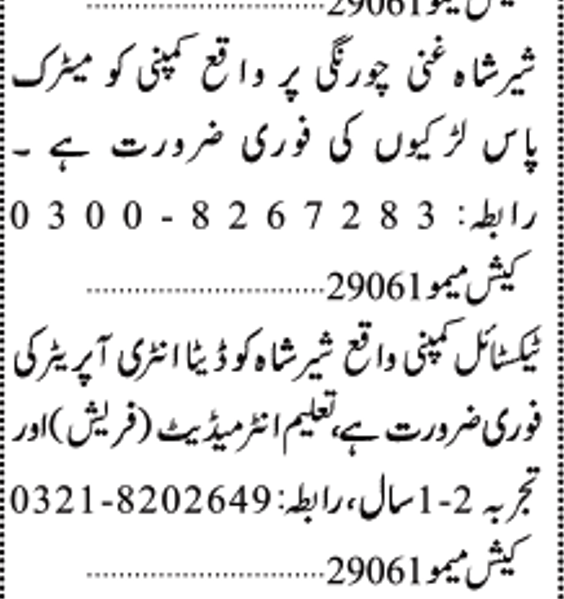 Matric Pass Females Jobs in Sher Shah Karachi Dec 2023 | Data Entry Operator Job in Sher Shah Karachi