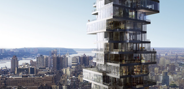 Rendering of upper floors of 56 Leonard Street by Herzog & De Meuron and the New York City in the background