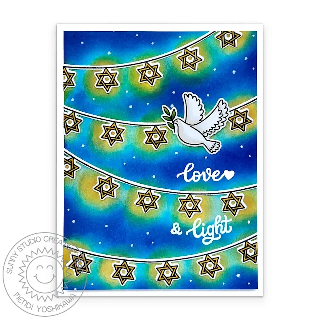 Sunny Studio Glowing Star of David Banners Hanukkah Card (using Love & Light Stamps & Dies)