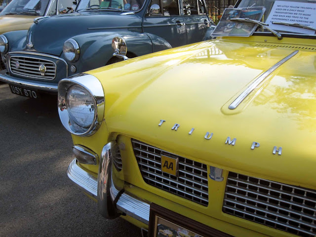 classic cars, classic british cars, classic american cars. 1950s cars blue yellow, ford cortina, yellow triumph, leopard print interior, blue mustang, classic car show uk