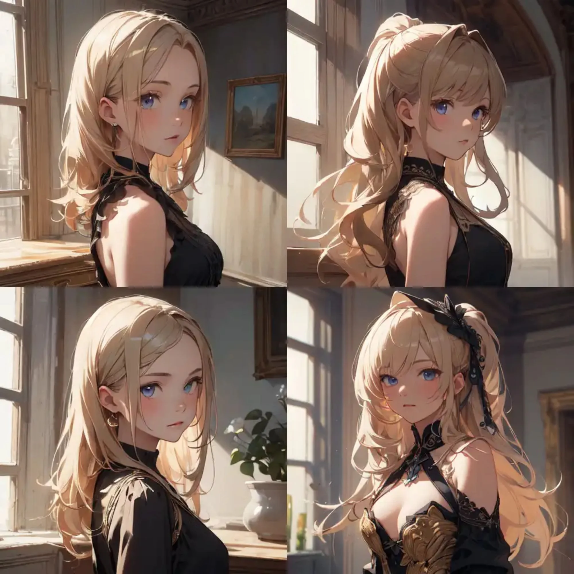 Explore the enchanting world of digital art featuring a crown-wearing anime girl with golden hair. Immerse yourself in different poses, capturing the essence of portrait-style elegance in every creation.