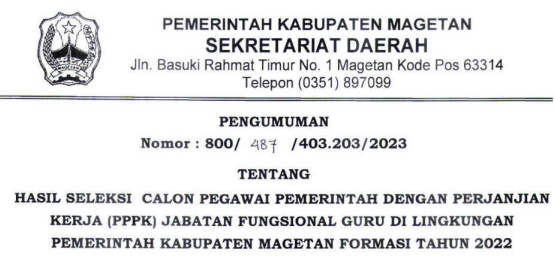 Pengumuman Hasil Seleksi PPPK Guru Kabupaten Magetan, provinsi Jawa Timur Tahun 2022-2023