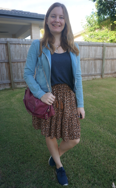 navy tee and sneakers with moto denim jacket and leopard print skirt | awyafromblue