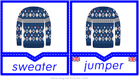 Sweater vs jumper - English clothes and accessories flashcards for ESL students