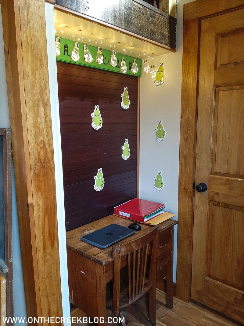 Small distance/virtual learning space in a coat nook | On The Creek Blog