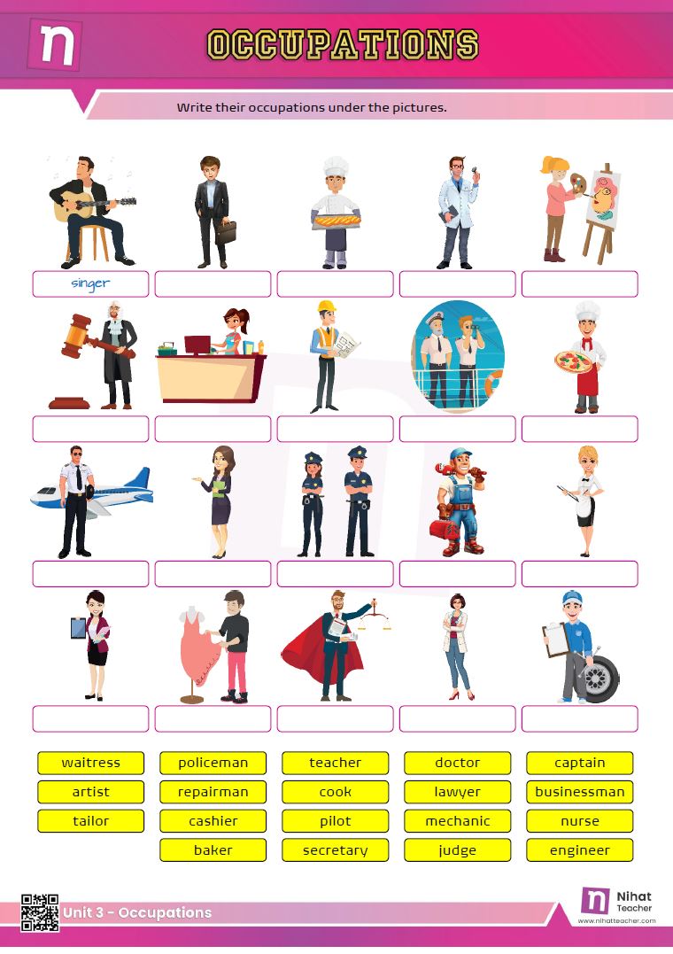 Practise English vocabulary.  A worksheet about occupations in English.  #download# Click here to download a worksheet about occupations in printable PFD format.   Search this site to find more about occupations in English.