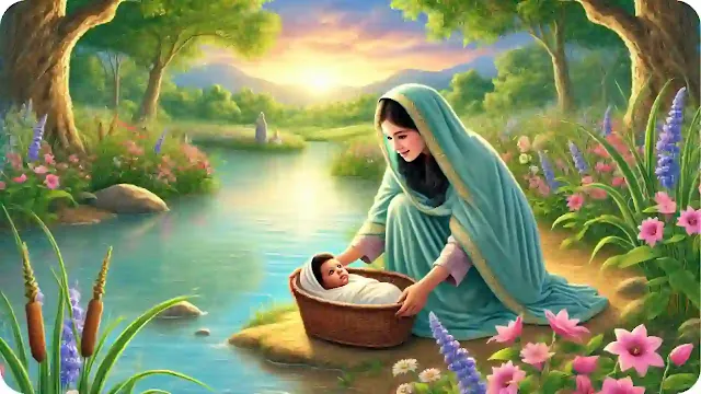 آسيا تجد الطفل موسى في صندوق يطفو على النهر بجوار الأشجار والزهور.