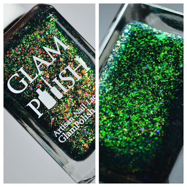 green flakie nail polish in a bottle