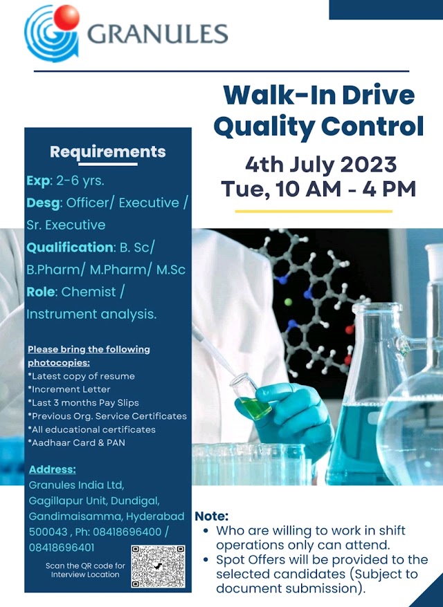 Granules India Limited | Walk-in interview for Quality Control on 4th July 2023