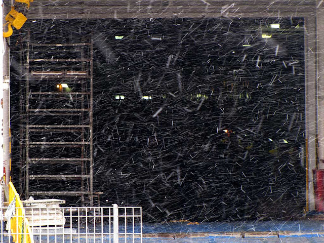 Snow whirling around, port of Livorno