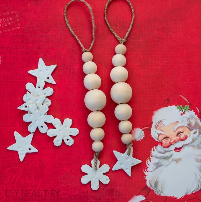 Wood bead ornaments with DIY clay tags