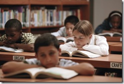 students reading books in library