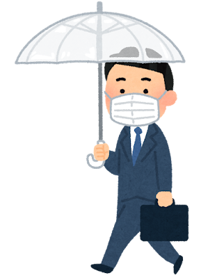 傘をさして歩く会社員のイラスト（スーツ・男性・マスク）