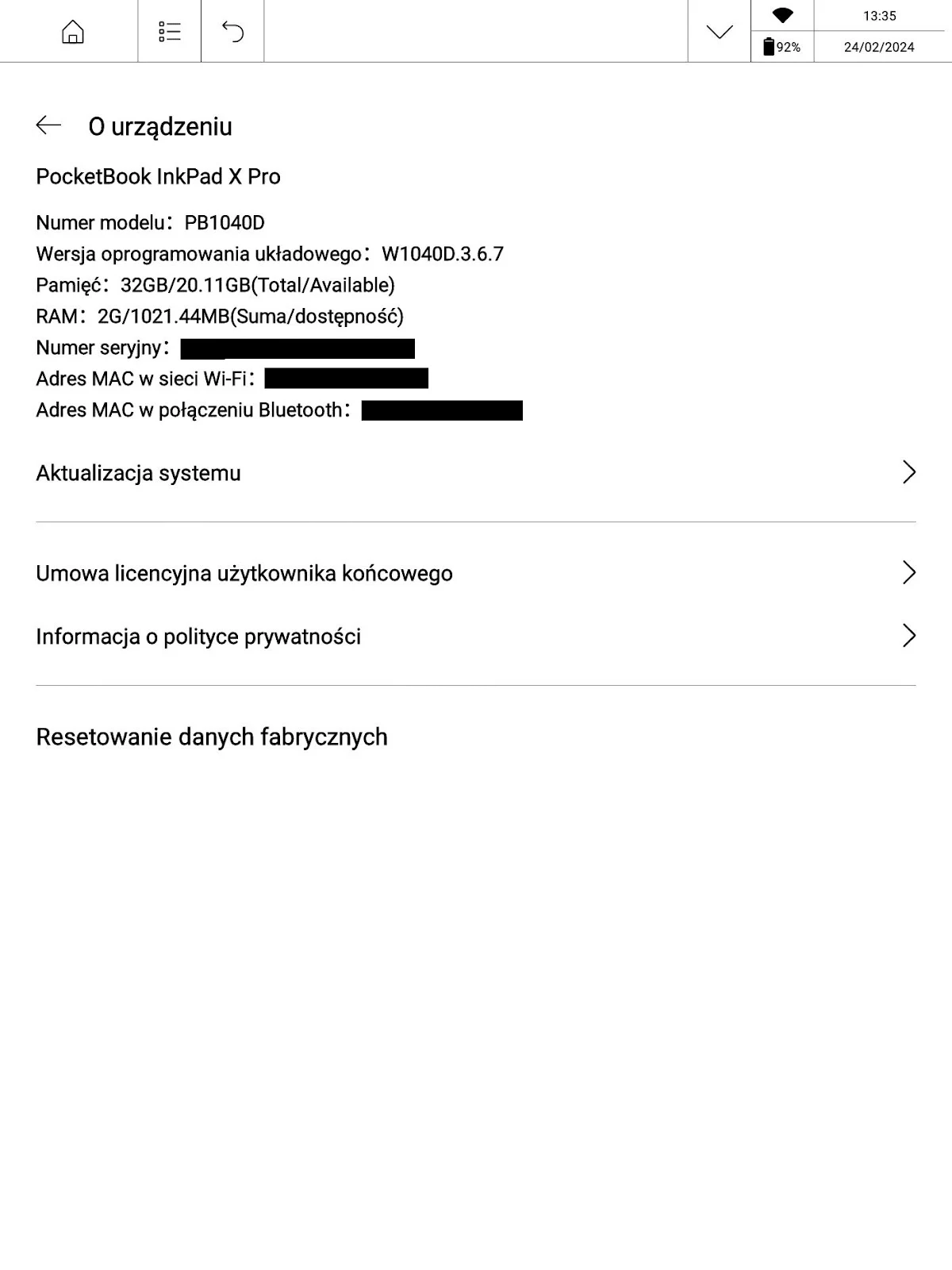 Informacje o urządzeniu w ustawieniach PocketBook InkPad X Pro