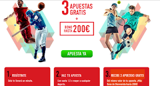 sportium 3 apuestas gratis + bono bienvenida 200 euros codigo JRVM hasta 2 julio