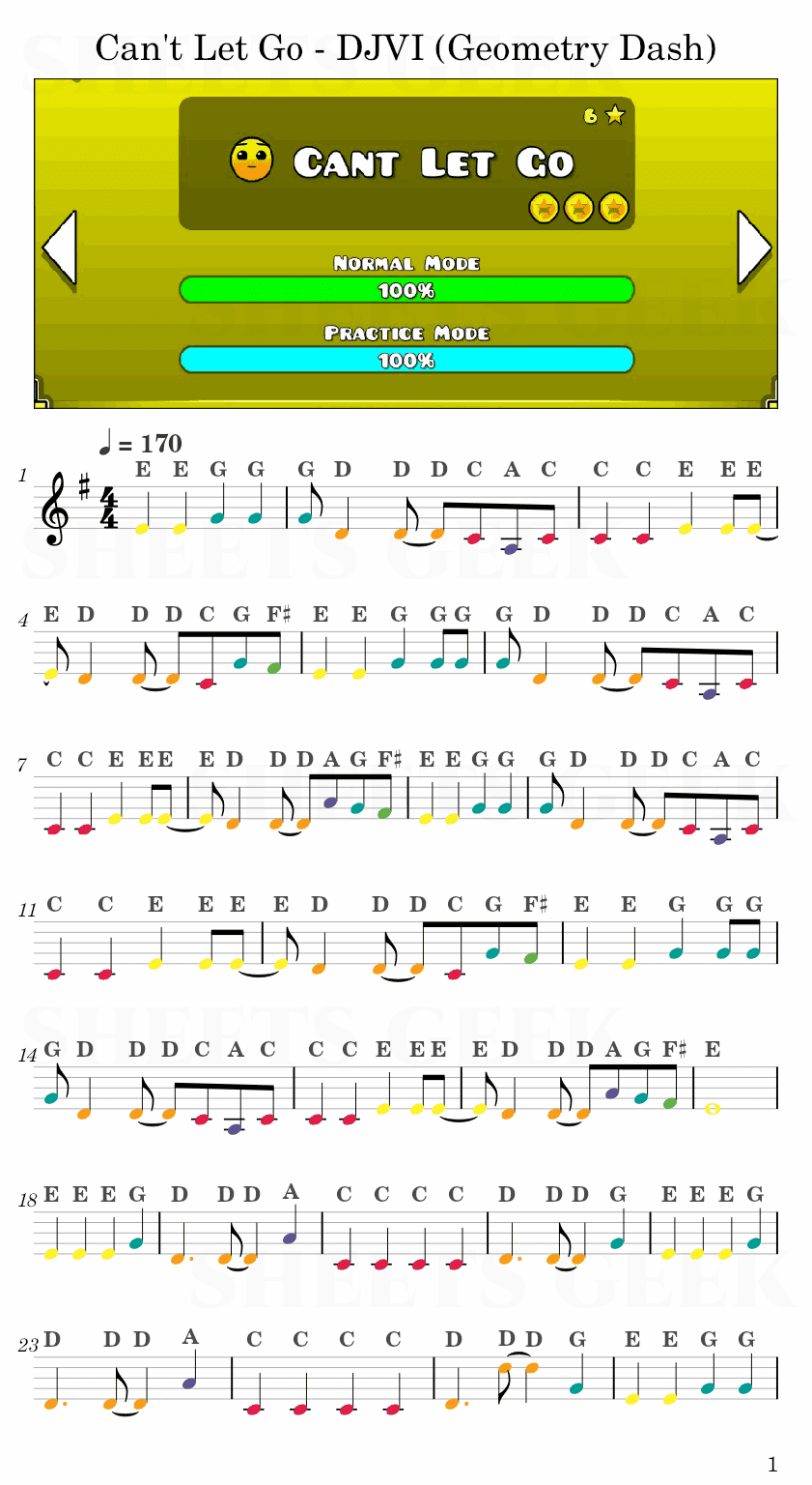 Can't Let Go - DJVI (Geometry Dash) Easy Sheet Music Free for piano, keyboard, flute, violin, sax, cello page 1