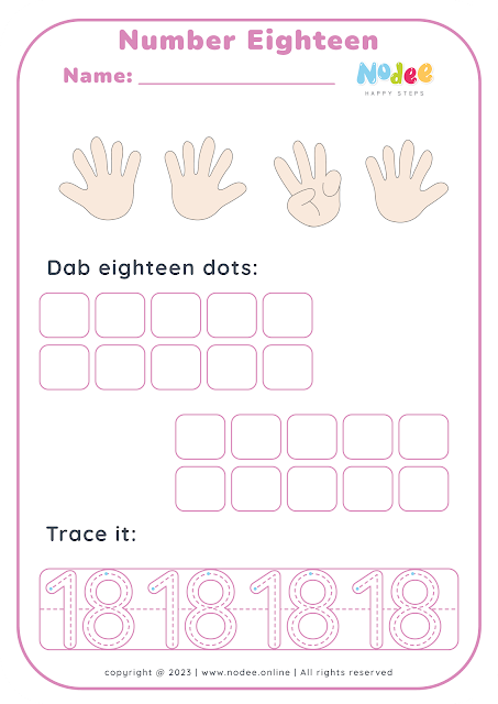 Learning through tracing, coloring, and dab a dot numbers number 18