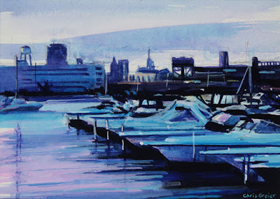 Acrylic painting of a boat harbor located in Buffalo, New York.