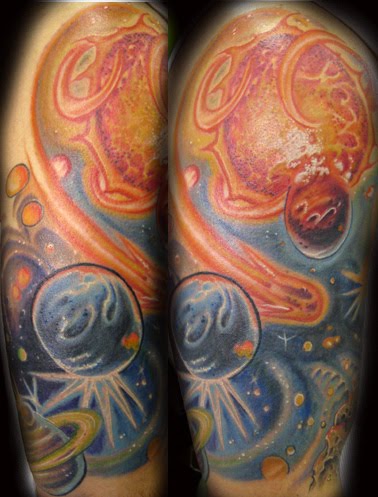 girl tattoo sleeves. Space girl sleeve tattoo ink.