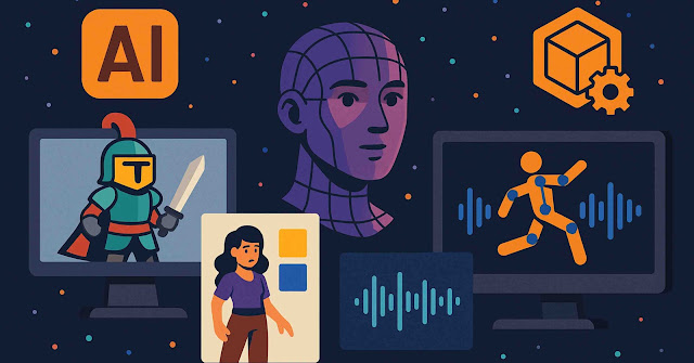 Illustration of top AI tools for game development, showing character design, 3D modeling, sound effects, and animation processes