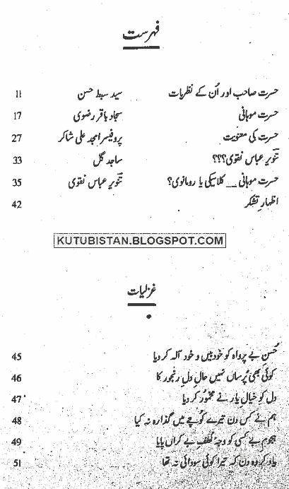 contents of Ghazaliyat-e-Hasrat Urdu book