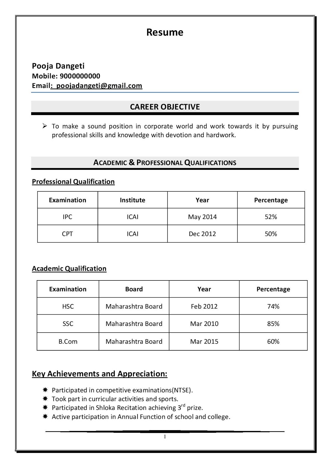 Job Application Resume Format For Freshers Bcom - BEST RESUME EXAMPLES