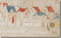 Dessin du Moyen Age montrant un ensemble de maisons