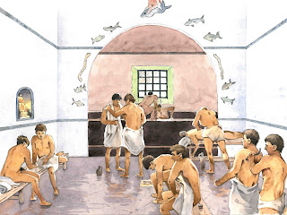 Artist's impression of a Roman bath house, with men having massages and different 'spa' treatments