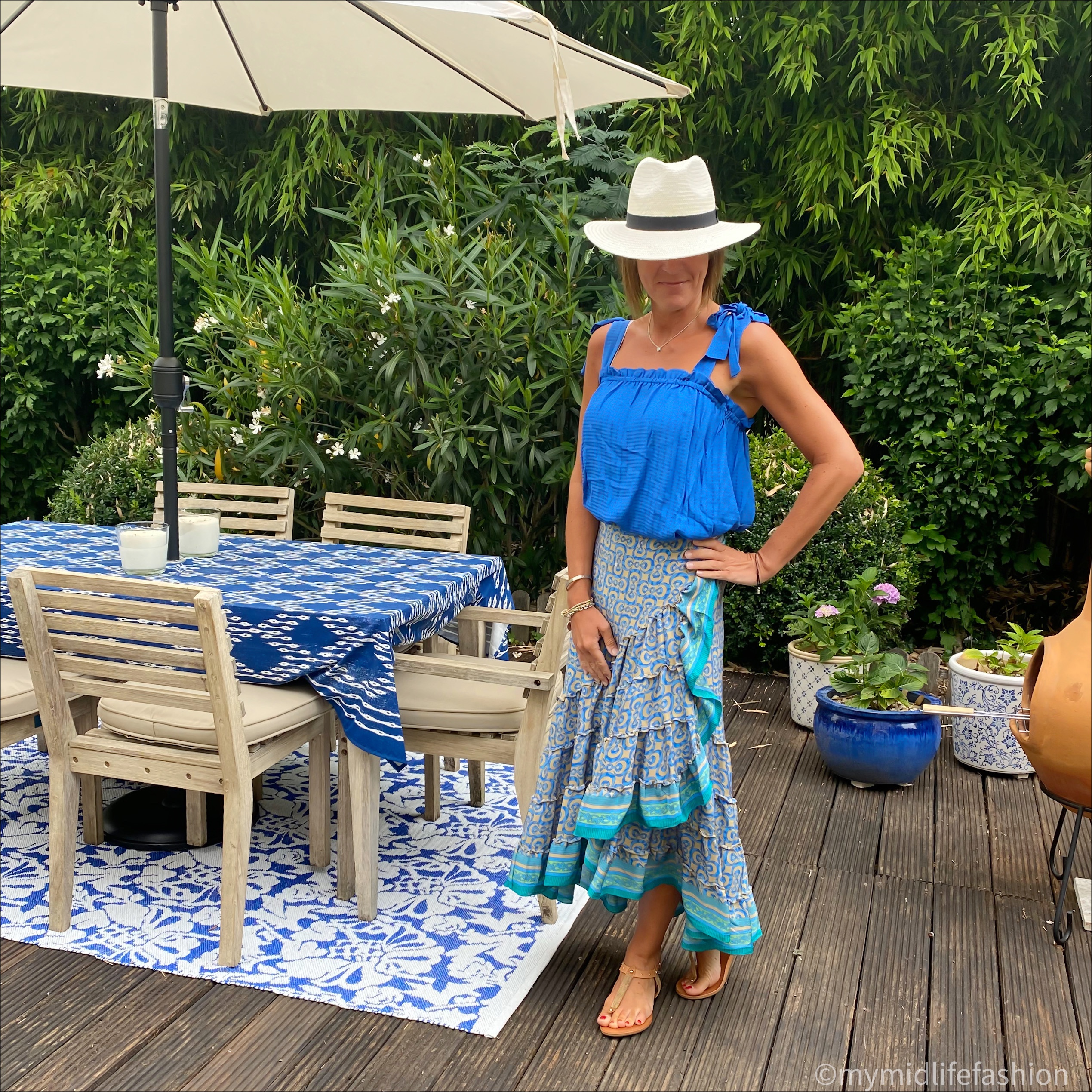 my midlife fashion, zara Panama hat, h and m camisole top, forage Somerset wrap midi skirt, carvela thong leather sandals