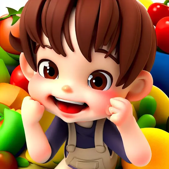 niño animado rodeado de frutas y verduras