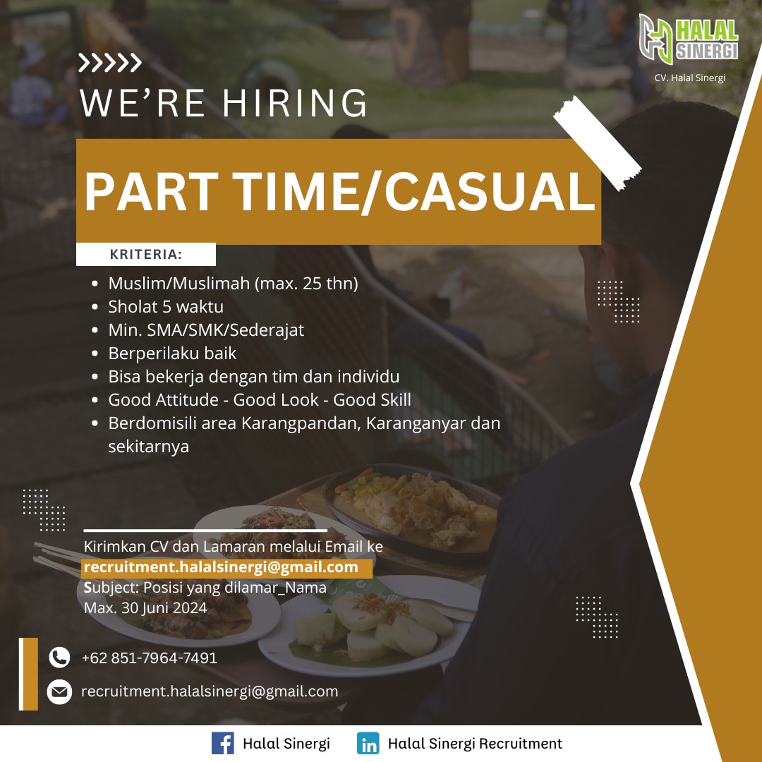 Loker Kasir Resto, Waiter/Waitress, CS Pusat, dll di CV Halal Sinergi Solo