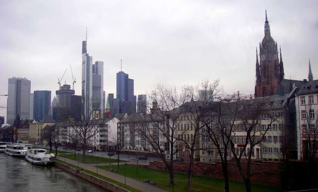 The Kaiserdom and Frankfurt's skyline overlooking the Main River, in Germany