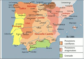 This map is similar to the previous one, with the majority of kingdoms extending further south. The Muslim kingdom of Granada has been reduced to a small portion of the southeast coast. Portugal has taken its present-day form. The combined kingdoms of Galicia, Asturias, and Leon occupy the area around Portugal to the north and east, except a small portion of the southeast border of Portugal, which adjoins Castille. Castille takes up the central column of the peninsula, as well as all the area surrounding Granada, forming a sort of inverted T shape. Navarre has changed little, still occupying a small area in the northern central region. Aragon is a triangular kingdom extending from Navarre and France to a point in the south. Cataluña occupies nearly all of the east coast, from France down to the eastern portion of Castille, which has a small section of the southeastern coast.