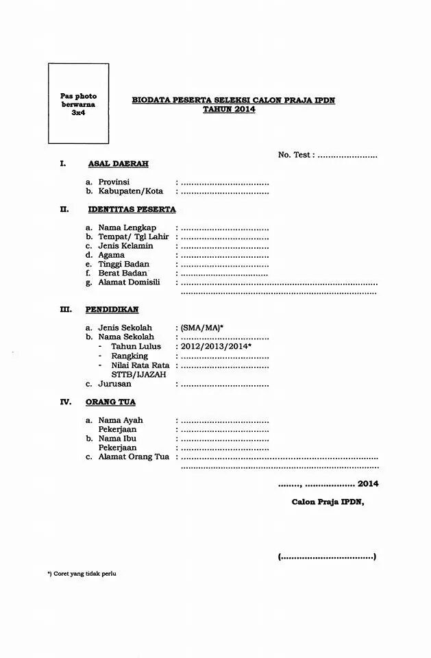 Contoh Format Biodata Diri dan Surat Pernyataan IPDN 2014 | Pendaftaran Sekolah Kedinasan ...