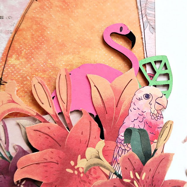 Acrylic Painted Chipboard Flamingo and Skeleton Leaf on a Tropical Scrapbook Layout