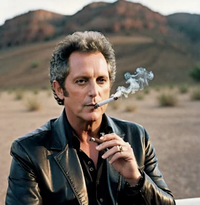 Wearing a black leather blazer and smoking a half cigarette half cigar Lindsey Buckingham from Fleetwood Mac