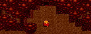 Flame colored cave with  light brown floor colour with blonde hair knight with red cape on facing a cave entry point