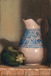 Oil painting of a zucchini beside a white porcelain jug with a blue design.