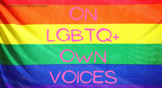 'On LGBTQ+ Own Voices' written in pink on a rainbow Pride flag background