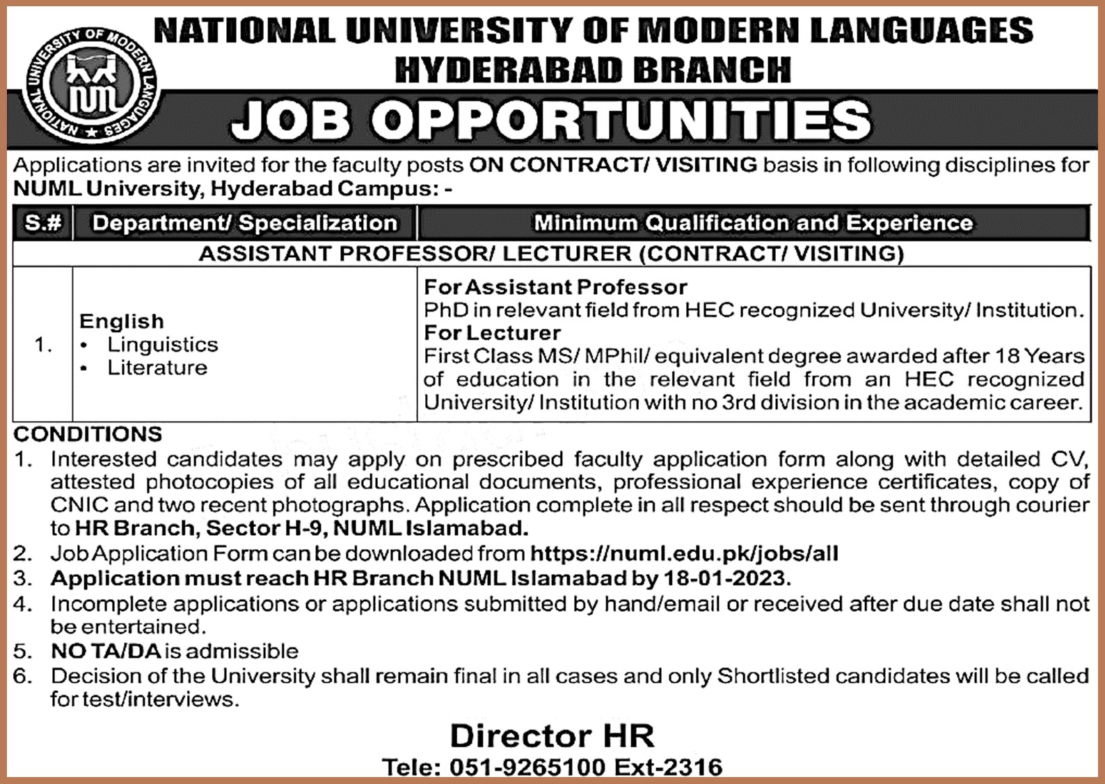 NUML University Rawalpindi Branch Jobs 2023