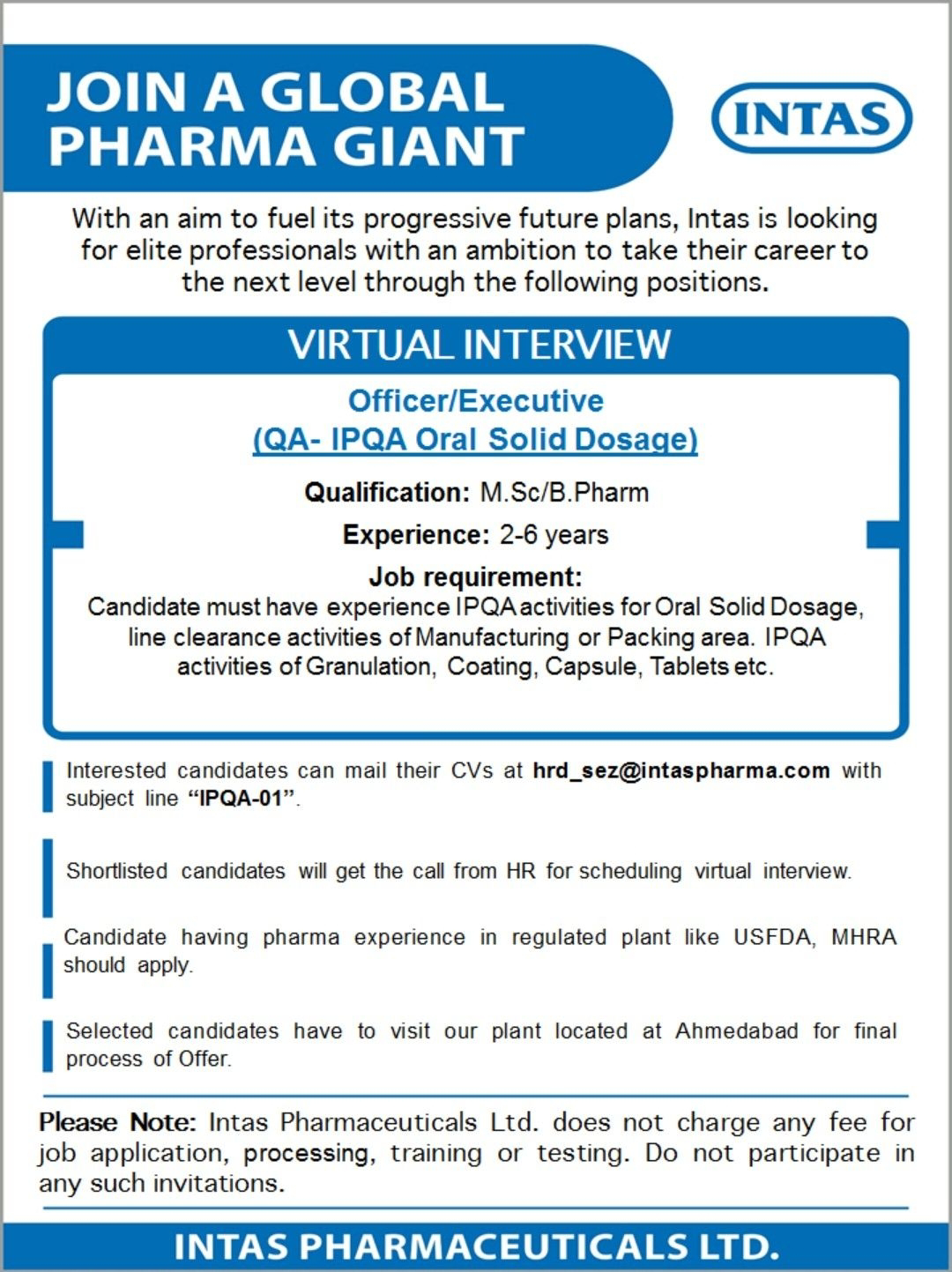 Job Availables, Intas Pharma Limited – Virtual Interviews for QA-IPQA Department - Job Availables