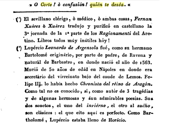 ¡Oh Corte, oh, confussió! quí te dessiche.  O Corte ! ò confusión ! quién te deséa. Lupércio Leonardo de Argensola, Barbastro